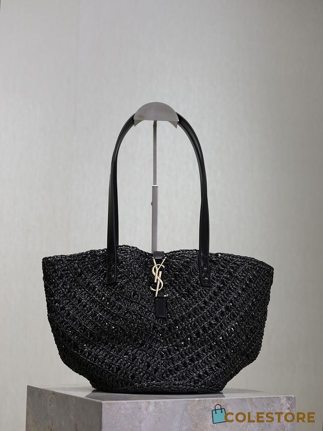 Colestore YSL Saint Laurent Panier Leather Trimmed Raffia Tote Black 38×20×21cm - 1