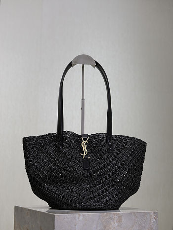 Colestore YSL Saint Laurent Panier Leather Trimmed Raffia Tote Black 38×20×21cm