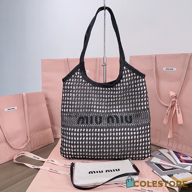 Colestore Miu Miu IVY Raffia Effect and Linen Bag Black 35 x 40 cm - 1
