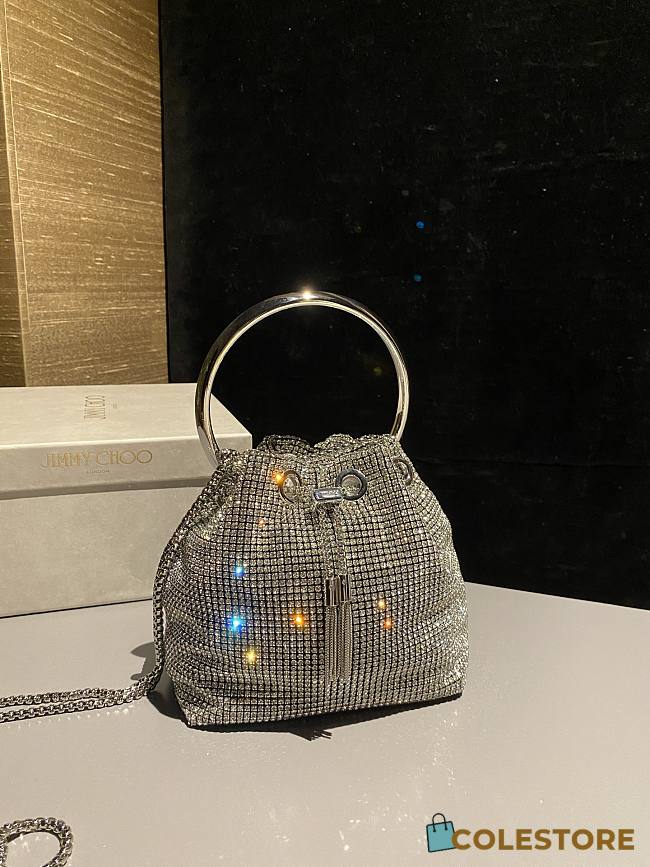 Colestore Jimmy Choo Bon Bon Silver Satin Crystal Mesh Bag with Crystal Handle 16x16x9cm - 1