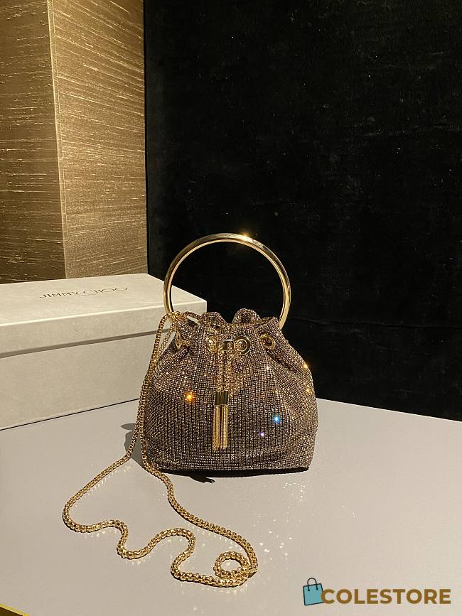 Colestore Jimmy Choo Bon Bon Gold Satin Crystal Mesh Bag with Crystal Handle 16x16x9cm - 1