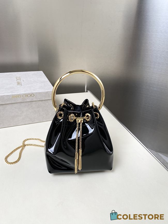 Colestore Jimmy Choo Bon Bon Black Mirror Fabric Mini Bag with Metal Handle 16x16x9cm - 1