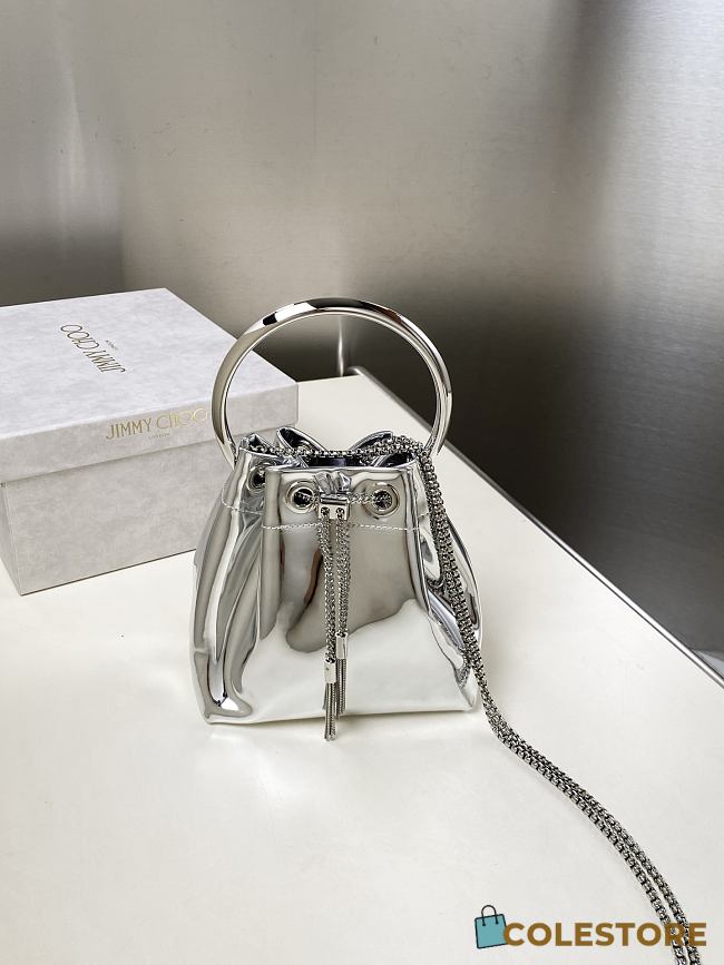 Colestore Jimmy Choo Bon Bon Silver Mirror Fabric Mini Bag with Metal Handle 16x16x9cm - 1