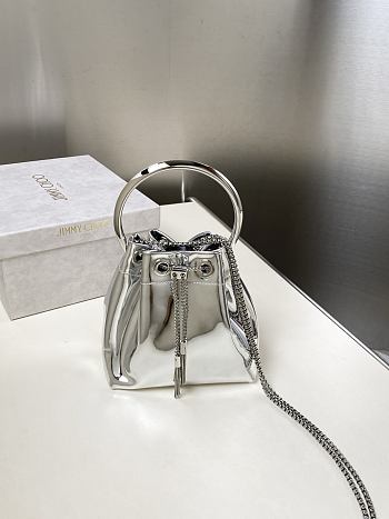 Colestore Jimmy Choo Bon Bon Silver Mirror Fabric Mini Bag with Metal Handle 16x16x9cm