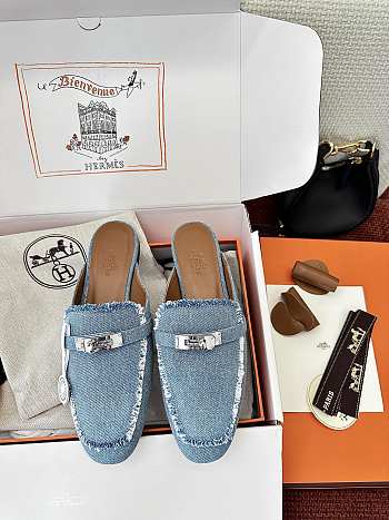 Colestore Hermès Oz Mules Fringed Denim Blue 
