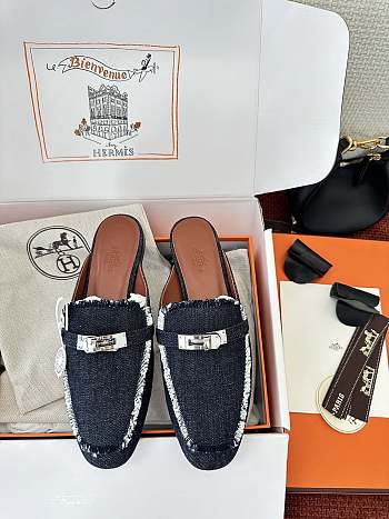 Colestore Hermès Oz Mules Fringed Denim Dark Blue 