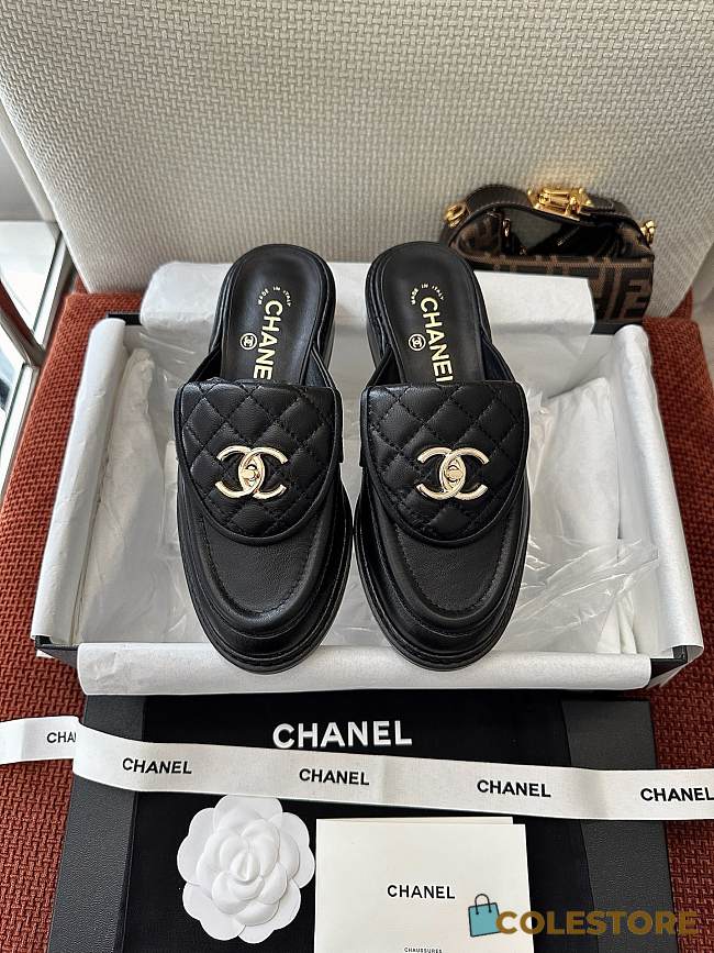 Colestore Chanel Quilted Double C Buckle Mule Slippers Black - 1