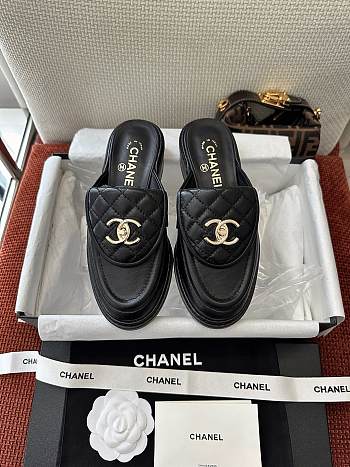 Colestore Chanel Quilted Double C Buckle Mule Slippers Black