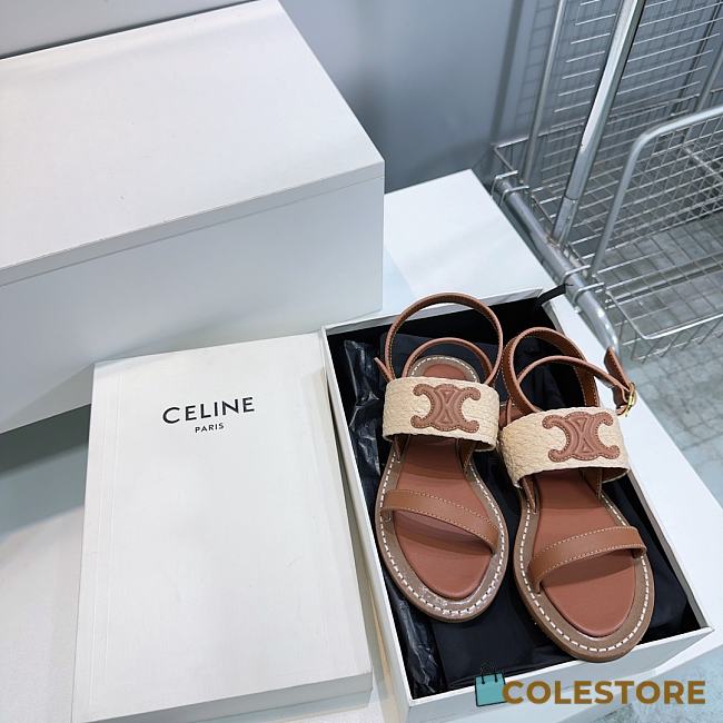 Colestore Celine Triomphe Raffia and Calfskin Flat Sandals Brown - 1