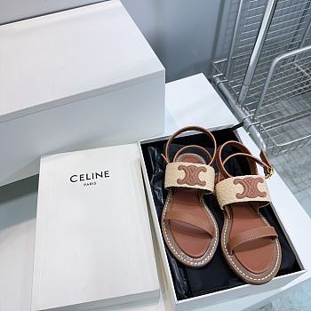 Colestore Celine Triomphe Raffia and Calfskin Flat Sandals Brown