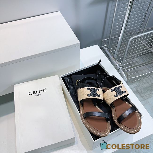 Colestore Celine Triomphe Raffia and Calfskin Flat Sandals Black - 1