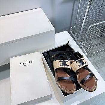 Colestore Celine Triomphe Raffia and Calfskin Flat Sandals Black