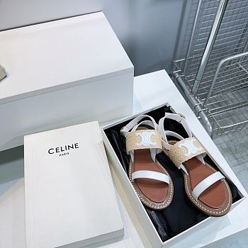Colestore Celine Triomphe Raffia and Calfskin Flat Sandals White