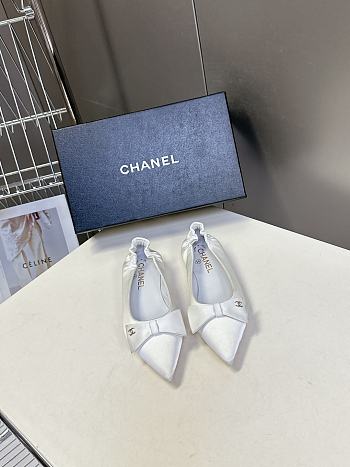 Colestore Chanel White Satin Pointed Flats with A Bow