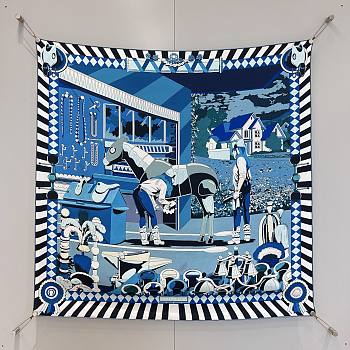 Colestore Hermès Pony Pit Stop Double Face Scarf 90 Cobalt blue / White / Navy
