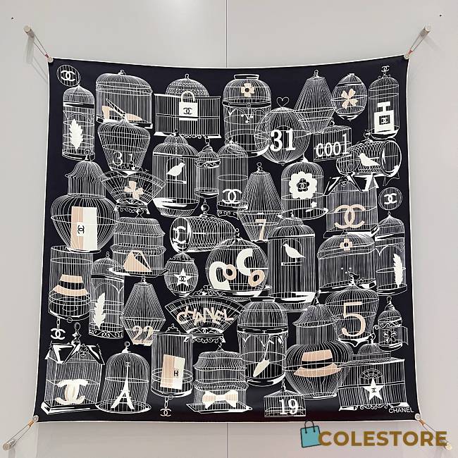 Colestore Chanel Square Scarf - Silk Twill - Black, White and Beige - 1