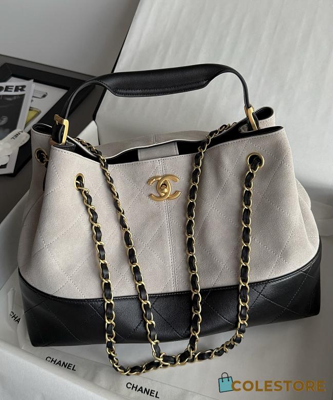 Colestore Chanel Small Tote Suede Calfskin, Shiny Lambskin & Gold-Tone Metal, Gray & Black 36x24x12cm - 1