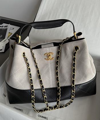 Colestore Chanel Small Tote Suede Calfskin, Shiny Lambskin & Gold-Tone Metal, Gray & Black 36x24x12cm