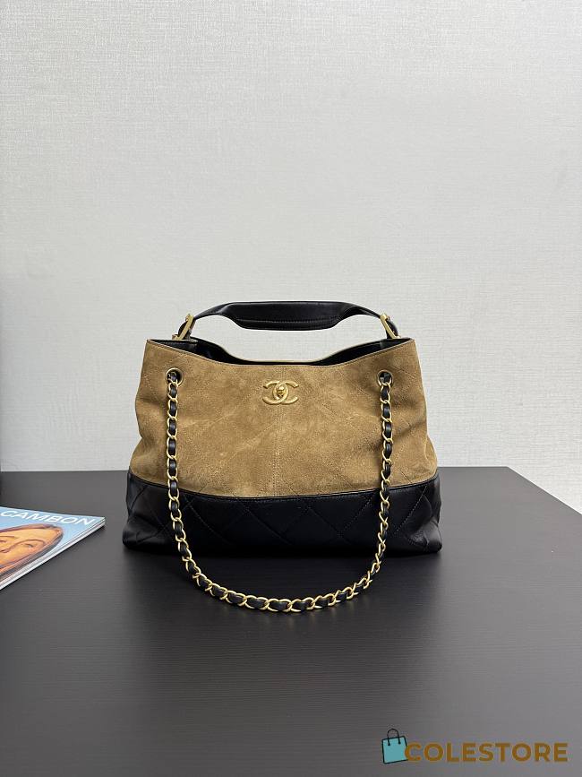 Colestore Chanel Small Tote Suede Calfskin, Shiny Lambskin & Gold-Tone Metal, Beige & Black 36x24x12cm - 1
