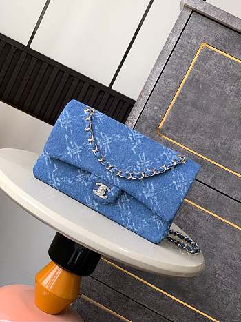 Colestore Chanel Blue Bleached Chain Printed Denim Medium Classic Double Flap 25.5x15.5x6.5cm
