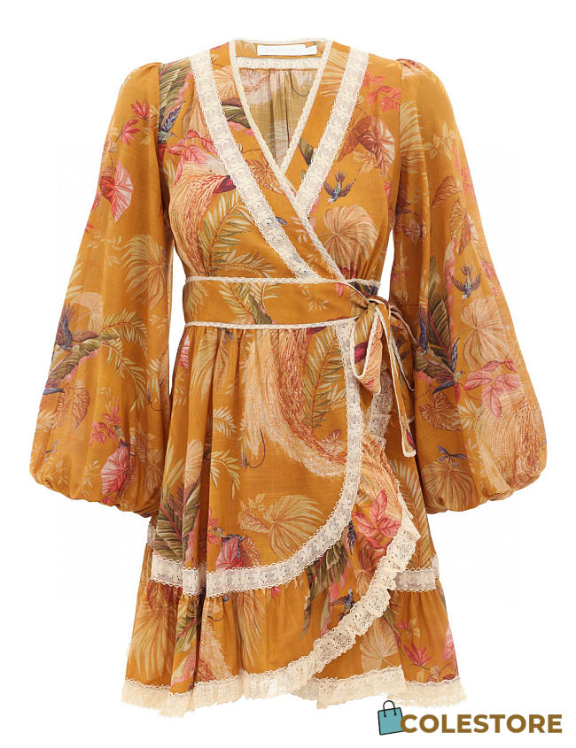 Colestore Zimmermann Ascension Frill Mini Dress Mustard Palm Floral  - 1