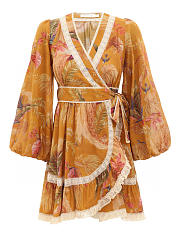 Colestore Zimmermann Ascension Frill Mini Dress Mustard Palm Floral  - 1