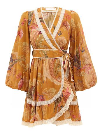 Colestore Zimmermann Ascension Frill Mini Dress Mustard Palm Floral 