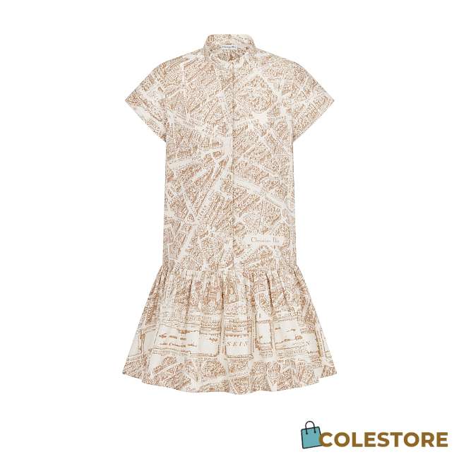 Colestore Dior Short Dress Lightweight White Cotton and Silk Poplin with Beige Plan de Paris Motif - 1