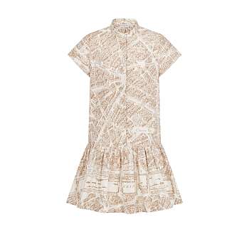 Colestore Dior Short Dress Lightweight White Cotton and Silk Poplin with Beige Plan de Paris Motif