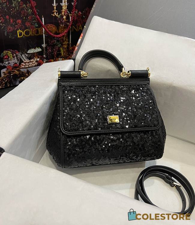 Colestore Dolce & Gabbana Black Sequin Mini Sicily Top Handle Bag 20x16x8cm - 1