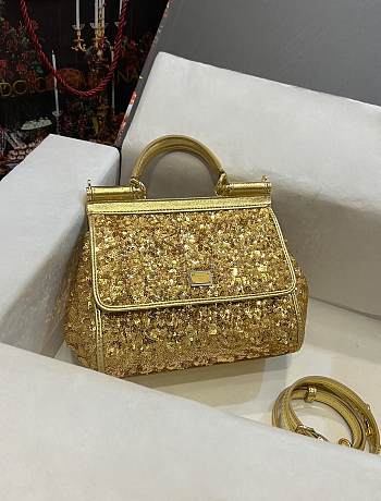 Colestore Dolce & Gabbana Gold Sequin Mini Sicily Top Handle Bag 20x16x8cm