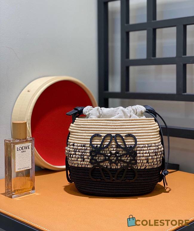 Colestore Loewe Beehive Basket Tote Bag In Raffia And Leather Skin Black 18x16x12cm - 1