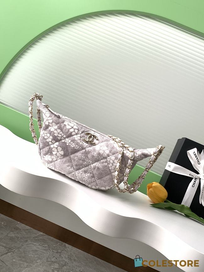Colestore Chanel CoCo Beach Large Hobo Bag, Printed denim & Gold-tone Metal, White & Gray - 1