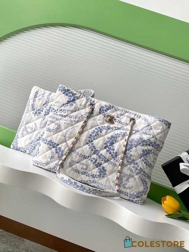 Colestore Chanel Coco Beach Shopping Bag Printed Denim & Gold-Tone Metal Light Blue & White - 1