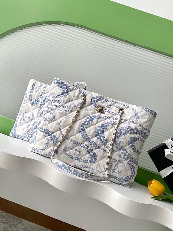 Colestore Chanel Coco Beach Shopping Bag Printed Denim & Gold-Tone Metal Light Blue & White