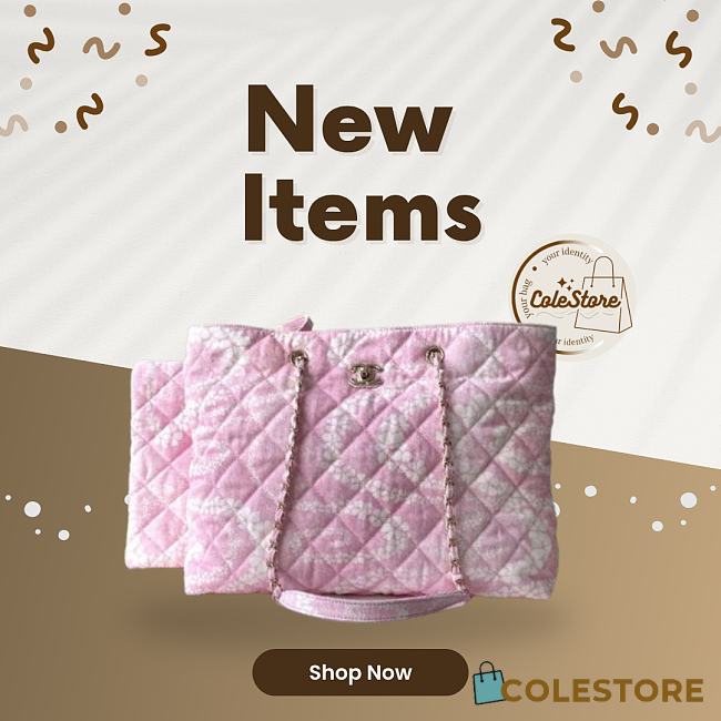 Colestore Chanel Coco Beach Shopping Bag Printed Denim & Gold-Tone Metal Light Pink & White - 1