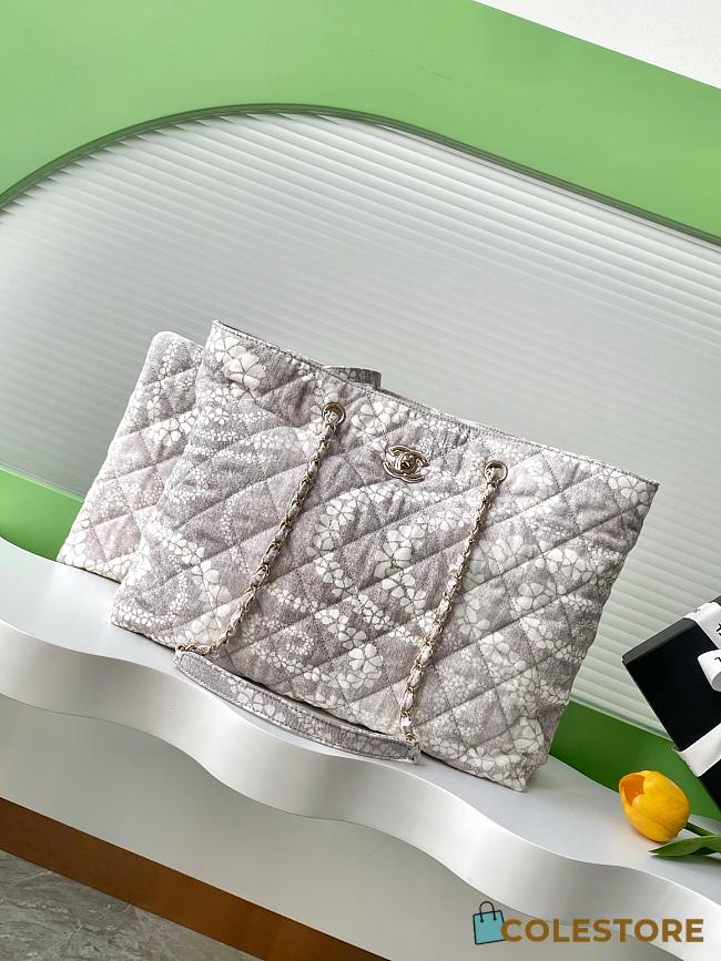Colestore Chanel Coco Beach Shopping Bag Printed Denim & Gold-Tone Metal Light Gray & White - 1