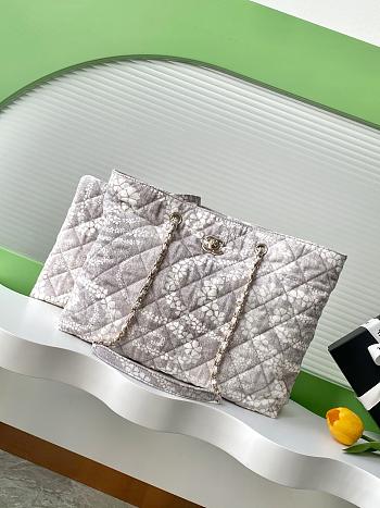 Colestore Chanel Coco Beach Shopping Bag Printed Denim & Gold-Tone Metal Light Gray & White