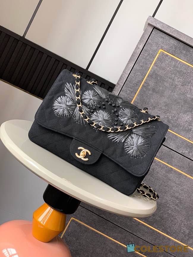 Colestore Chanel Vintage Black Flap Bag with White Embroidery 26cm - 1