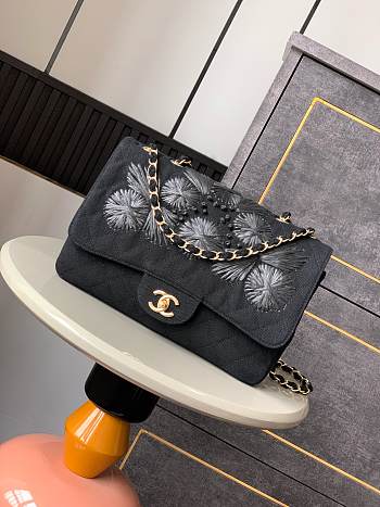 Colestore Chanel Vintage Black Flap Bag with White Embroidery 26cm