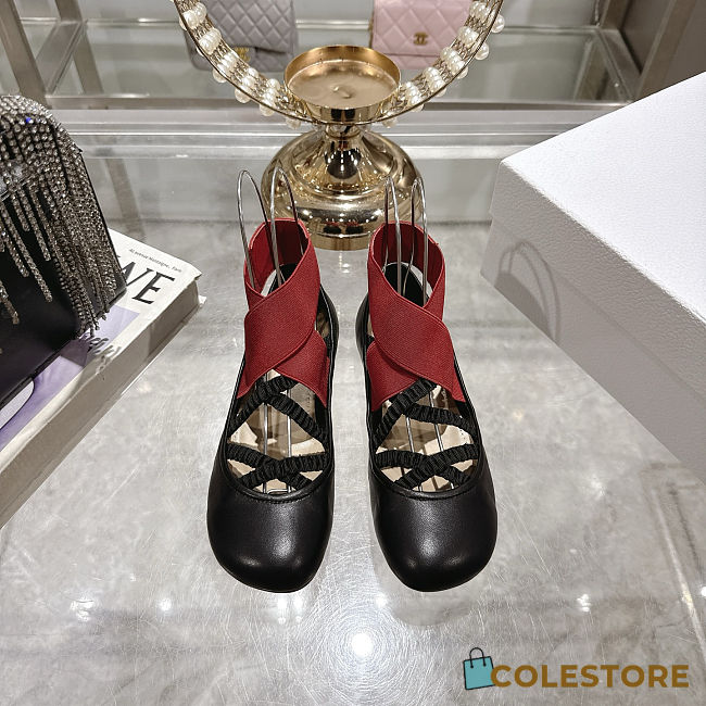 Colestore Dior Shade Ballet Flat Black Satin with Red and Black Elastic Straps - 1