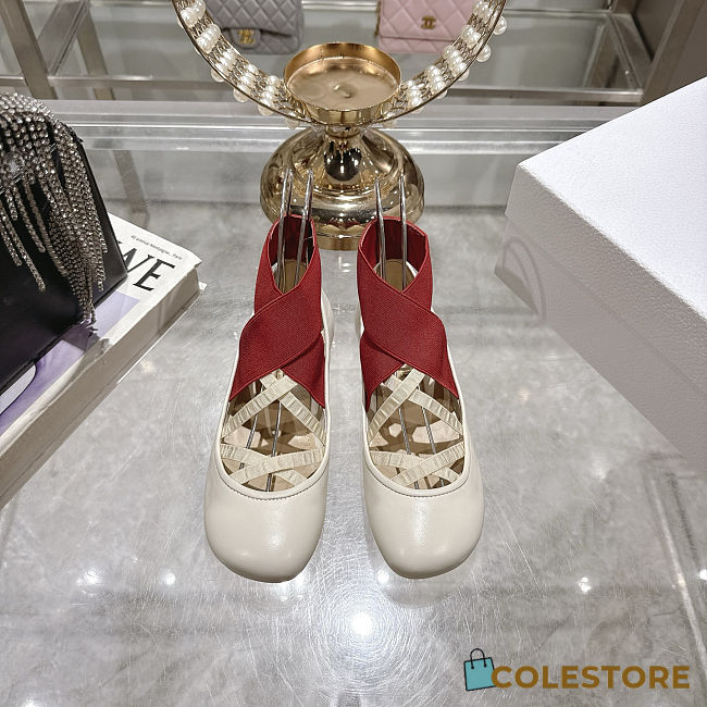 Colestore Dior Shade Ballet Flat White Satin with Red and Elastic Straps - 1