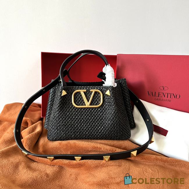 Colestore Valentino Garavani Raffia Grained Calfskin Small Rockstud Tote Black 25x18x1cm - 1