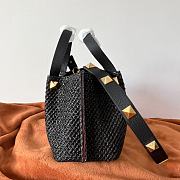 Colestore Valentino Garavani Raffia Grained Calfskin Small Rockstud Tote Black 25x18x1cm - 4