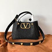 Colestore Valentino Garavani Raffia Grained Calfskin Small Rockstud Tote Black 25x18x1cm - 3