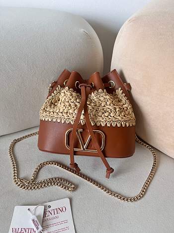 Colestore Valentino Garavani VLogo Signature Raffia & Leather Bucket Bag 20x17x8.5cm