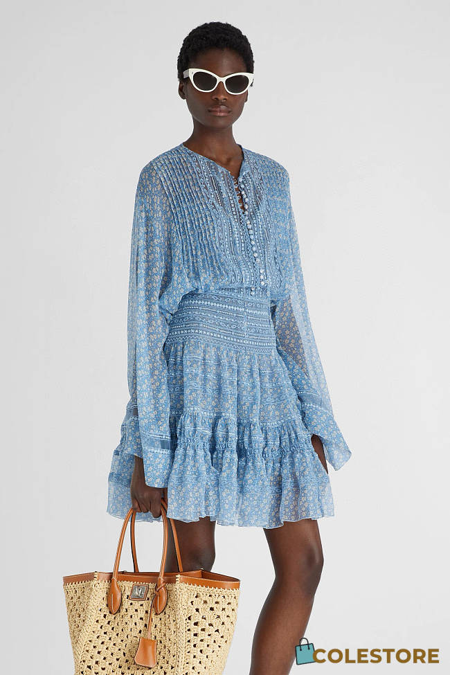 Colestore Ermanno Scervino Short Silk Crepon Dress with Micro Flower Print and Valencienne Lace - 1