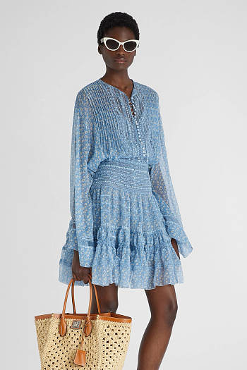 Colestore Ermanno Scervino Short Silk Crepon Dress with Micro Flower Print and Valencienne Lace