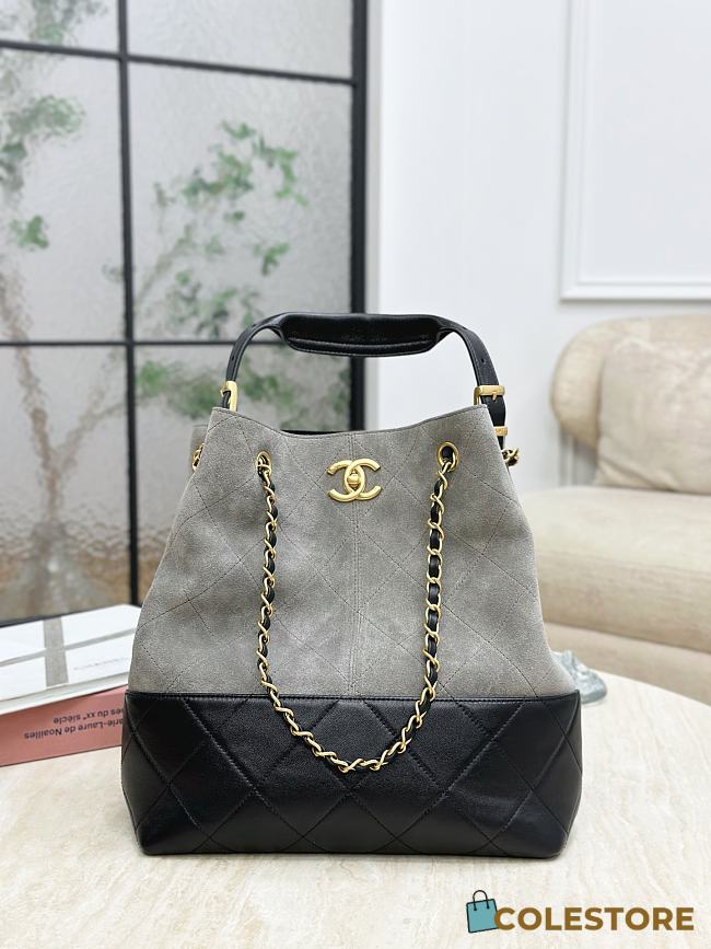 Colestore Chanel Shopping bag, Suede calfskin, Shiny lambskin & Gold-tone metal, Gray & Black 33x29x11cm - 1