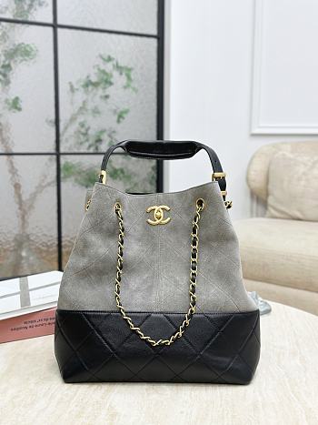 Colestore Chanel Shopping bag, Suede calfskin, Shiny lambskin & Gold-tone metal, Gray & Black 33x29x11cm